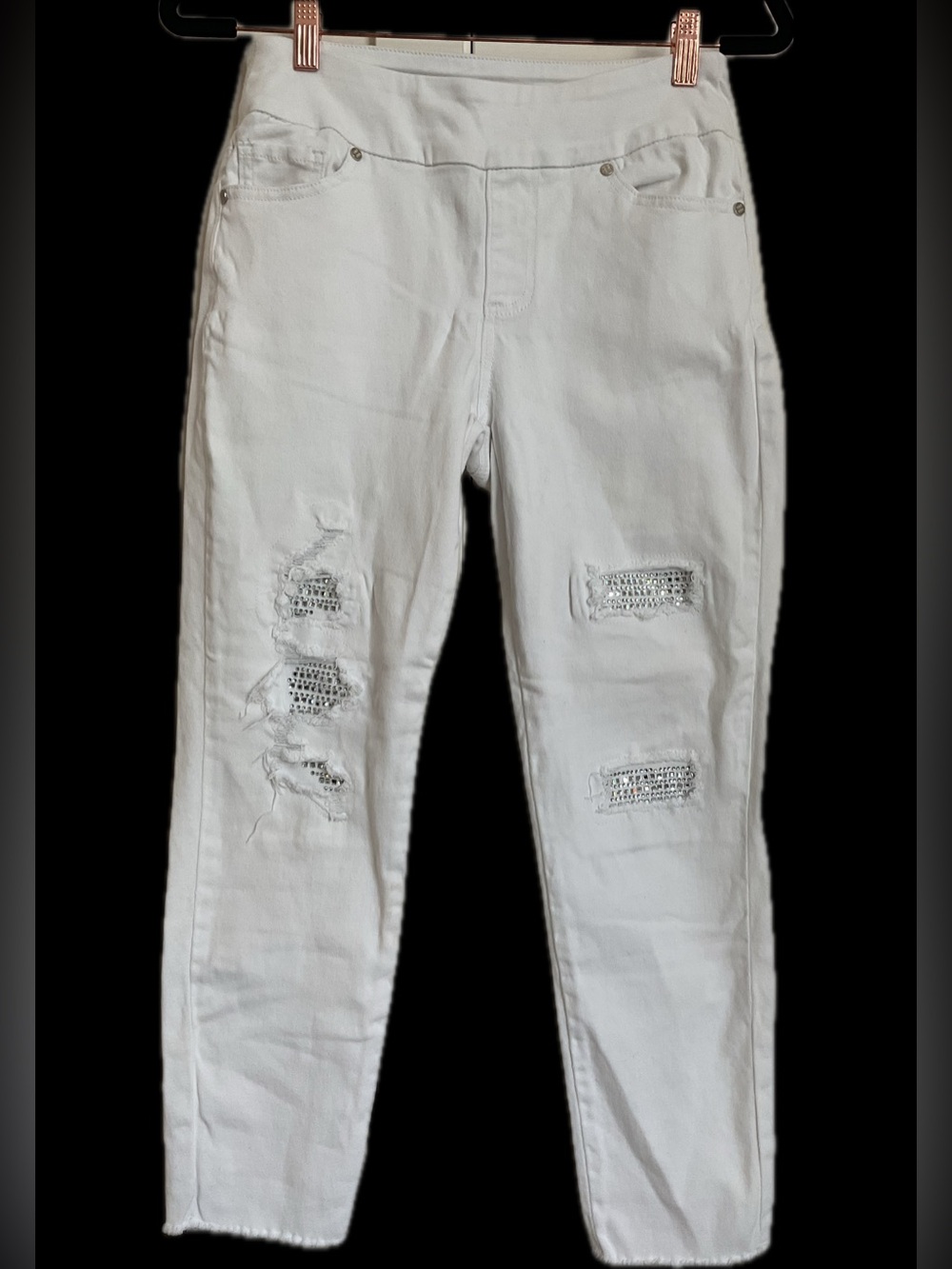 Bright White Pull on Distressed Skinny Jeans with Embellished Rips